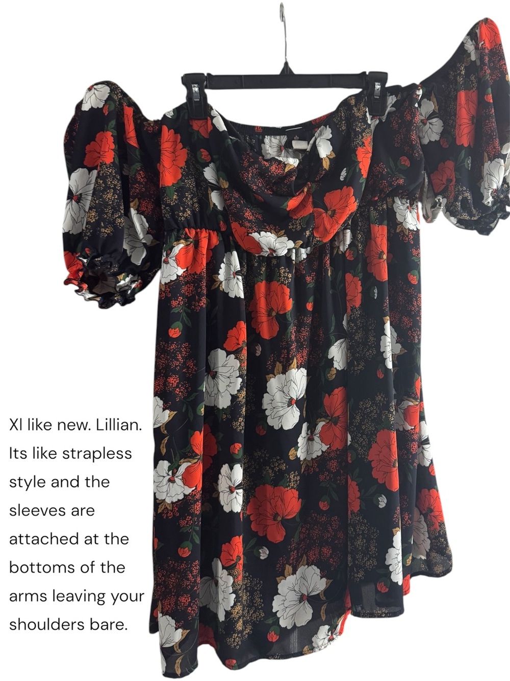Black Floral Off-Shoulder   Dress with Puff Sleeves